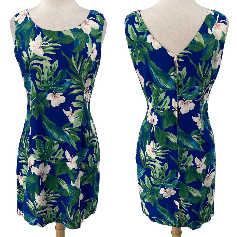 Vintage 90s Hawaiian Mini Dress Hibiscus Floral Palm Print Sleeveless Blue M